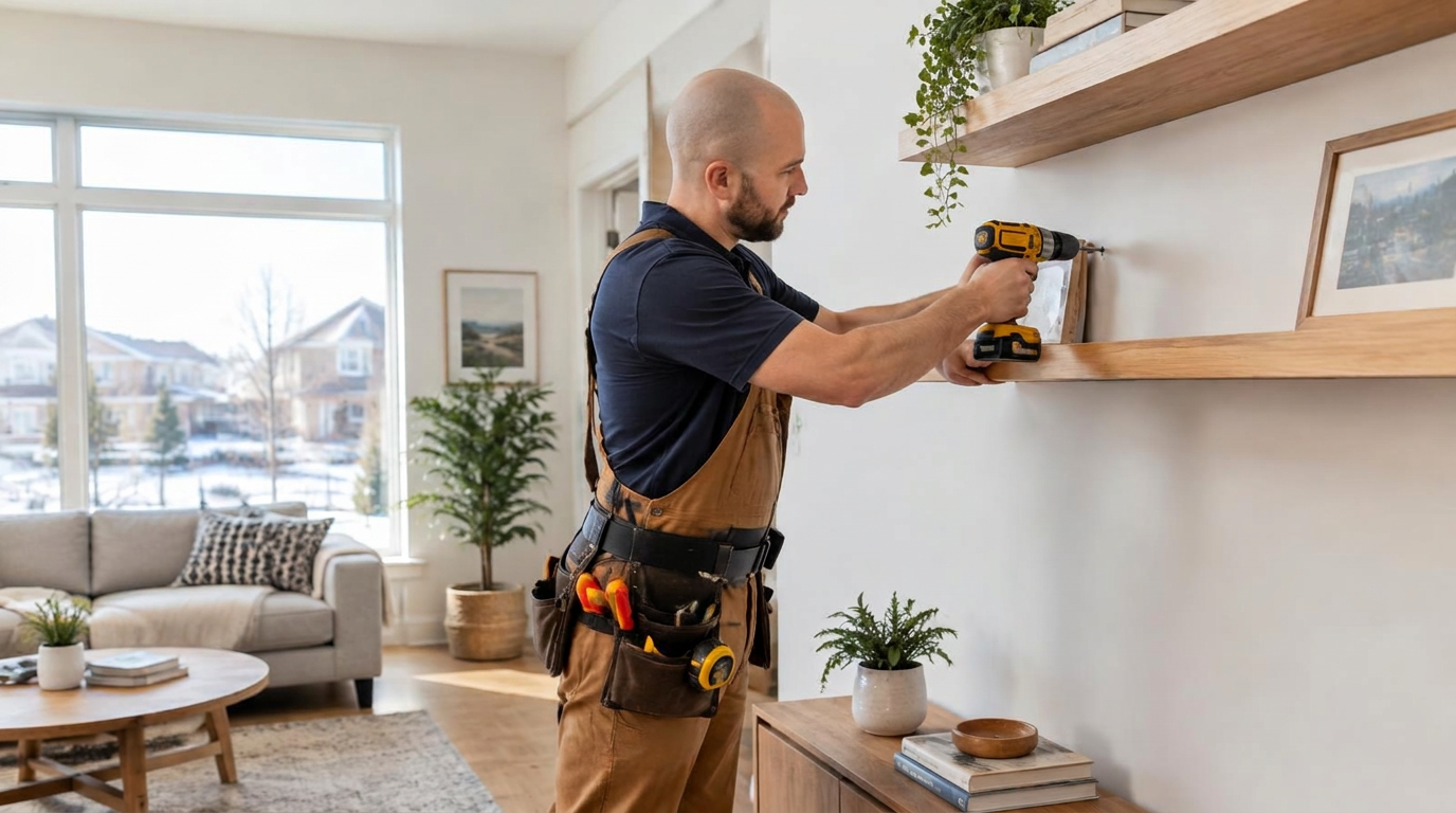 Handyman installing floating shelves in a Vaughan home